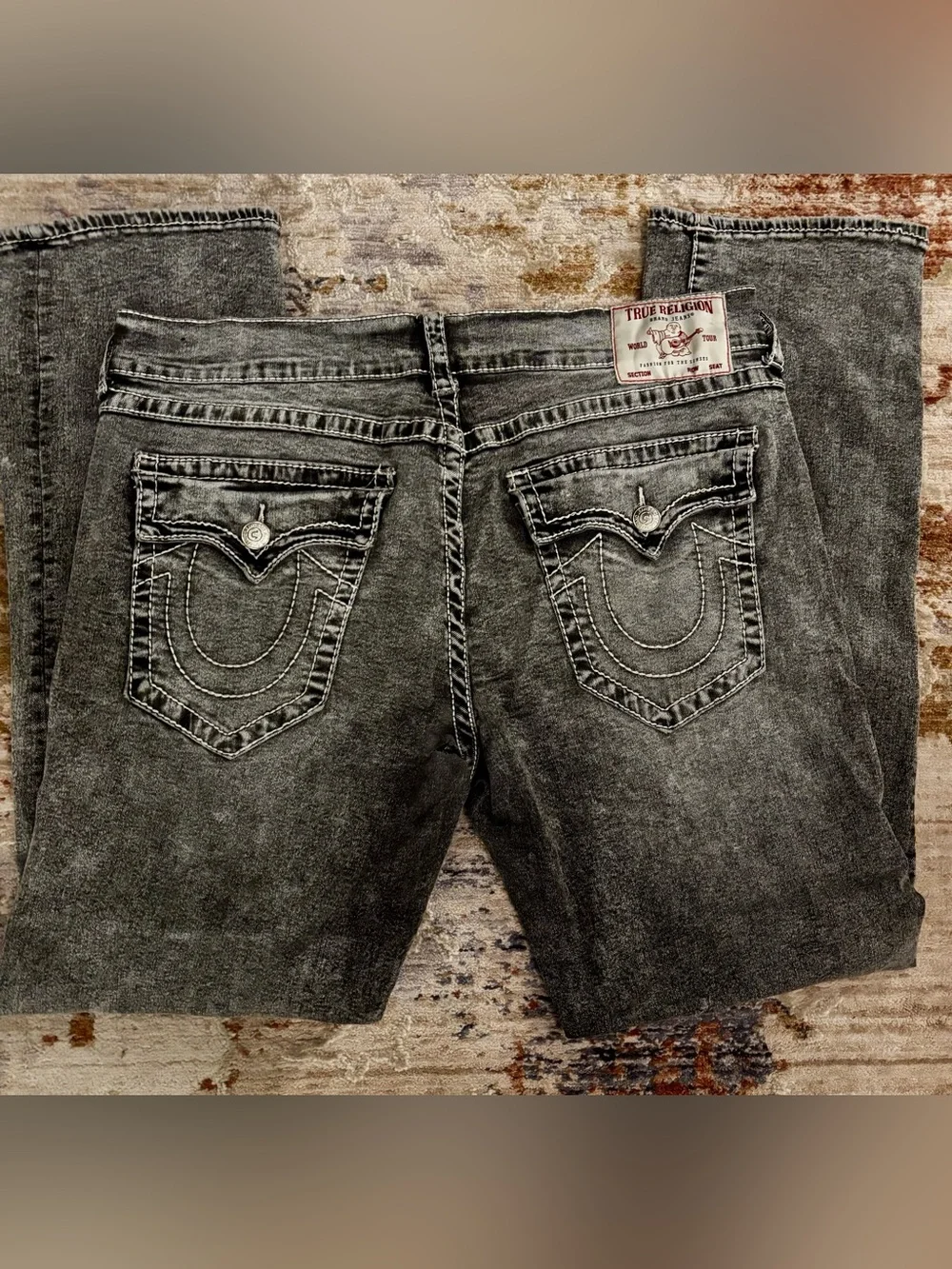 True Religion Men’s Relaxed Gray Acid-Wash Jeans